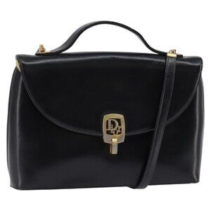 Authentic Christian Dior Shoulder Bag Leather Black Gold